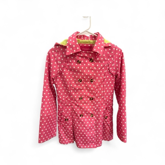 London Fog Pink Polka Dot Hooded Raincoat – Girls Size L (14–16) Barbiecore - Picture 15 of 15